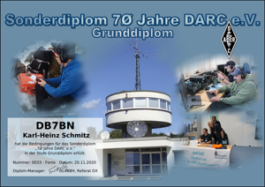 Sonderdiplom 70 Jahre DARC e.V. in der Ausführung Grunddiplom